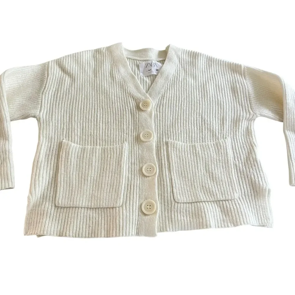 Zara Girls Ecru Neutral Rib Knit Cardigan Sweater Size 6-7